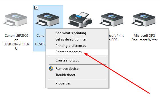 chọn thuộc tính printer properties