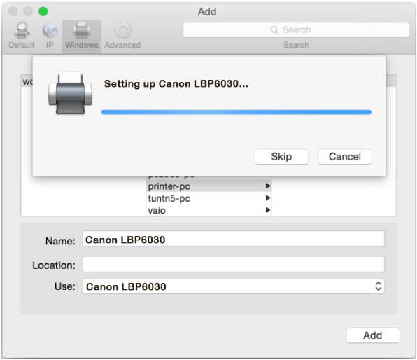 đợi máy hoàn tất cài đặt máy in Canon LBP6030w cho macbook